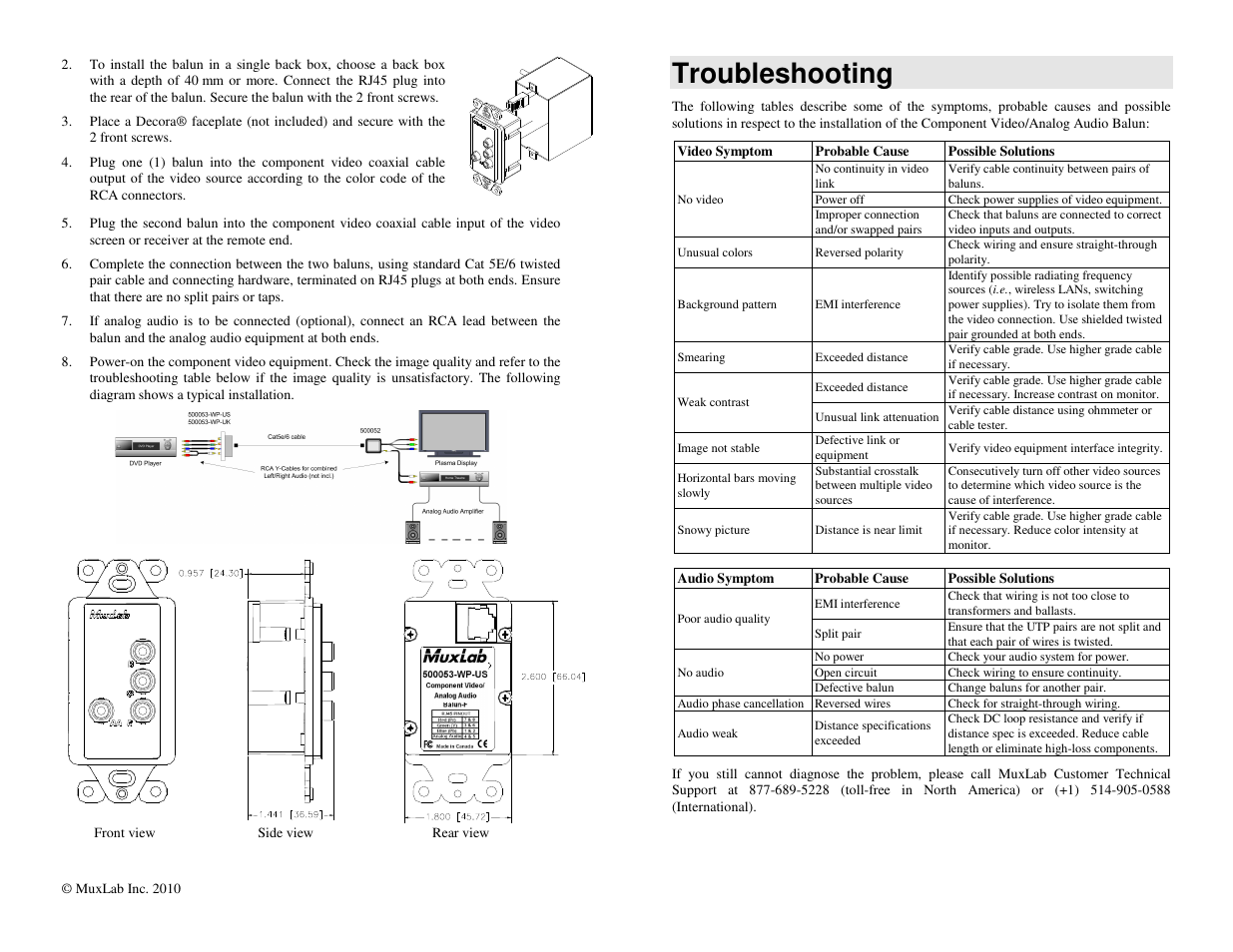 Troubleshooting | Muxlab Component Video/Analog Audio Wall Plate Balun, US User Manual | Page 2 / 2