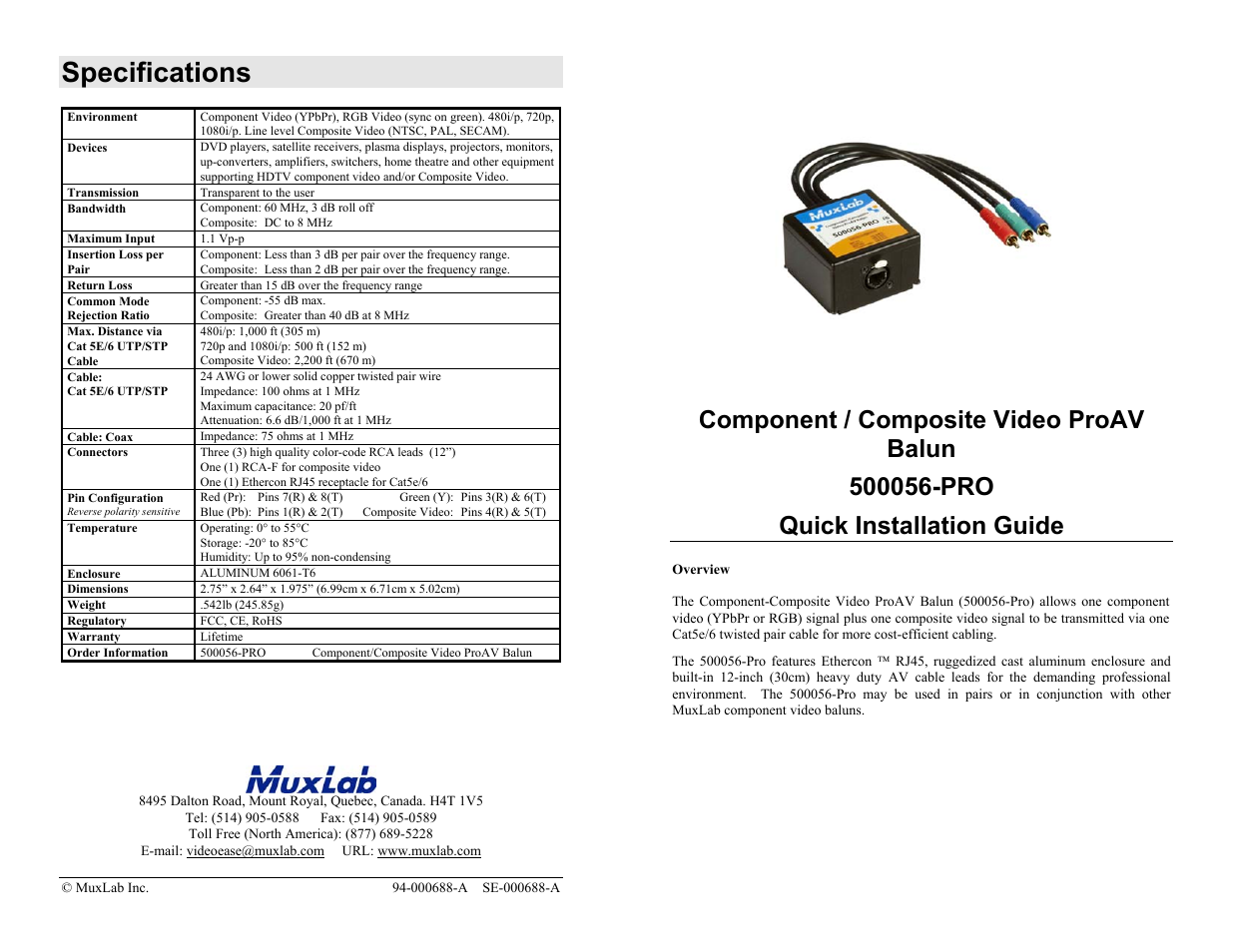 Muxlab Component-Composite Video Balun User Manual | 2 pages