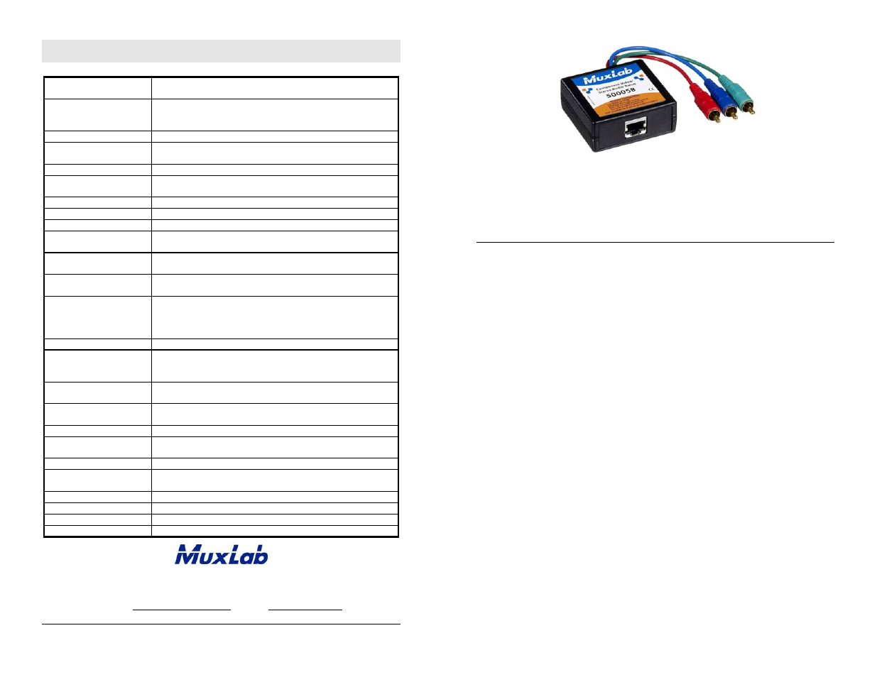 Muxlab Component Video/Stereo Audio Balun User Manual | 2 pages