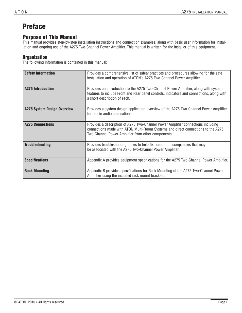 Preface, Purpose of this manual | ATON A275 User Manual | Page 2 / 54