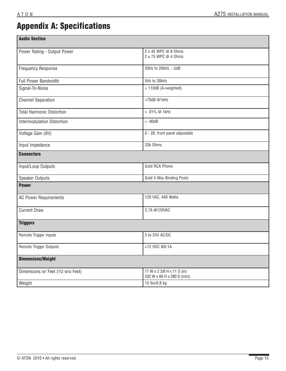 Appendix a: specifications | ATON A275 User Manual | Page 22 / 54