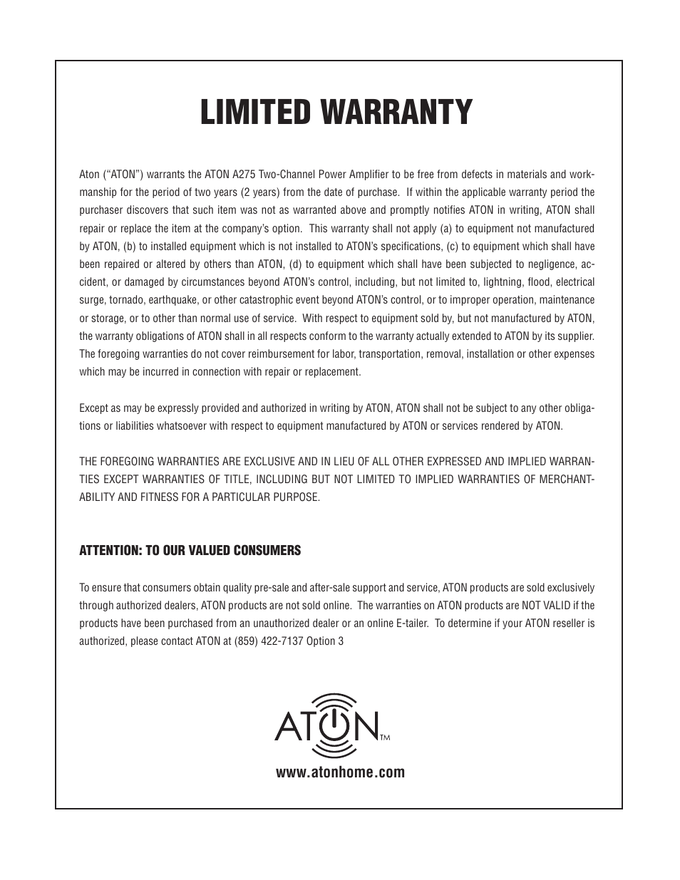 Limited warranty | ATON A275 User Manual | Page 27 / 54