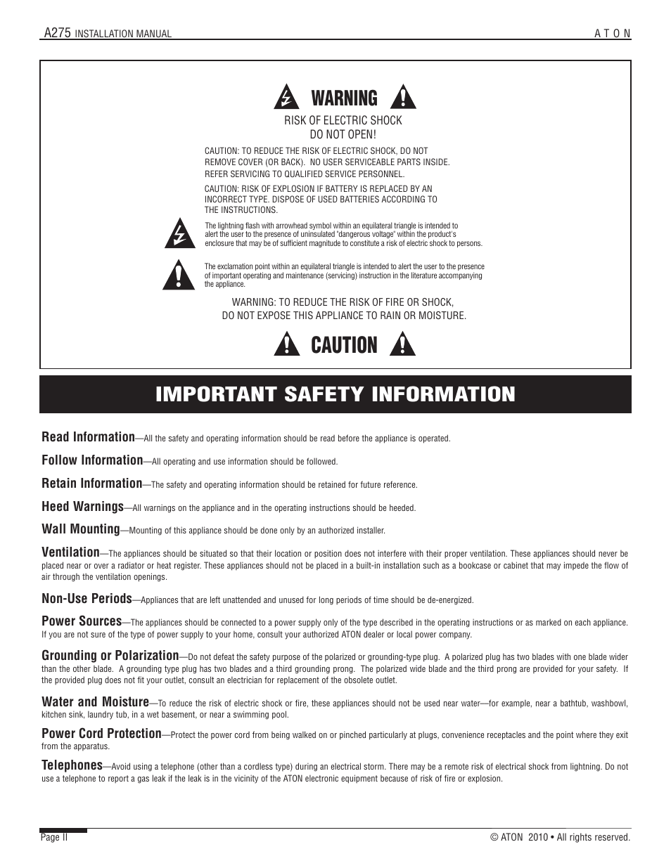 Caution, Warning, Important safety information | ATON A275 User Manual | Page 3 / 54