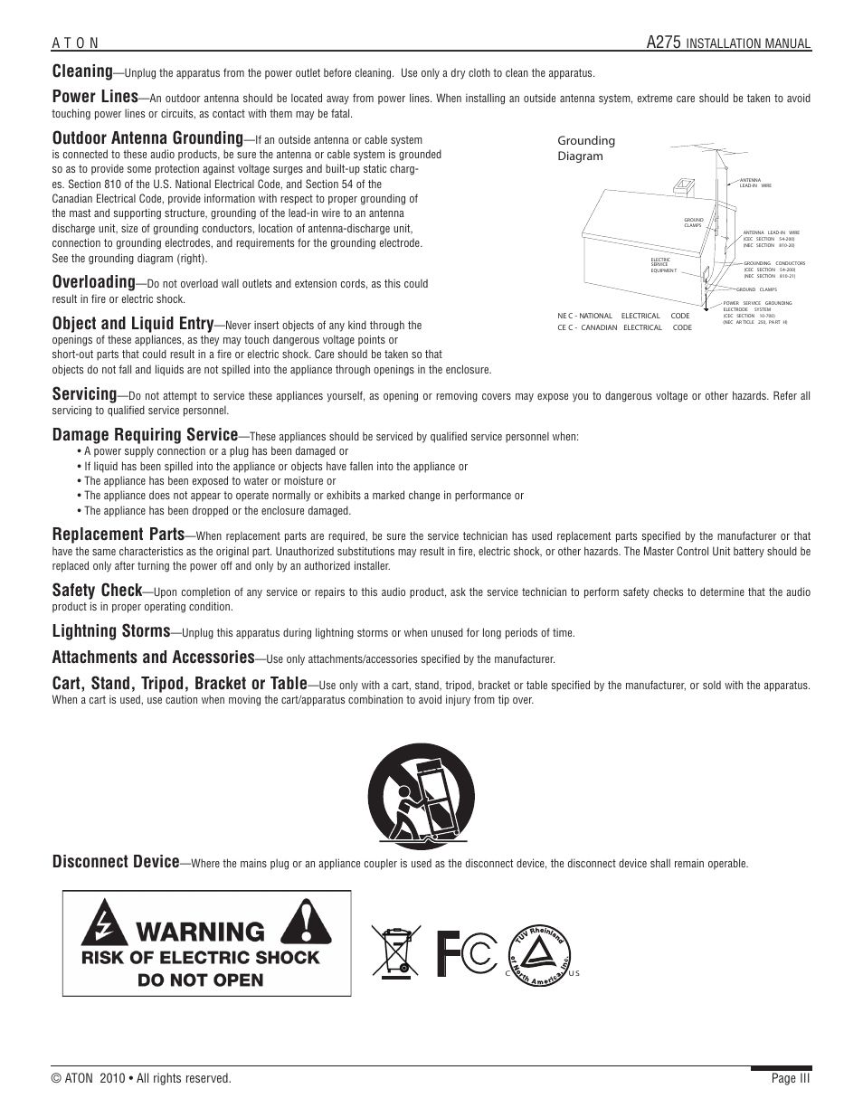 A275, Cleaning, Power lines | Outdoor antenna grounding, Overloading, Object and liquid entry, Servicing, Damage requiring service, Replacement parts, Safety check | ATON A275 User Manual | Page 4 / 54