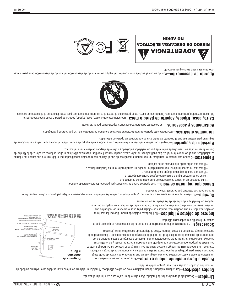 Advertencia, A275, Limpieza | Cables eléctricos, Puesta a tierra mediante antena exterior, Sobrecarga, Ingreso de objetos y líquidos, Servicio, Daños que requieren ser vicio, Repuestos | ATON A275 User Manual | Page 51 / 54