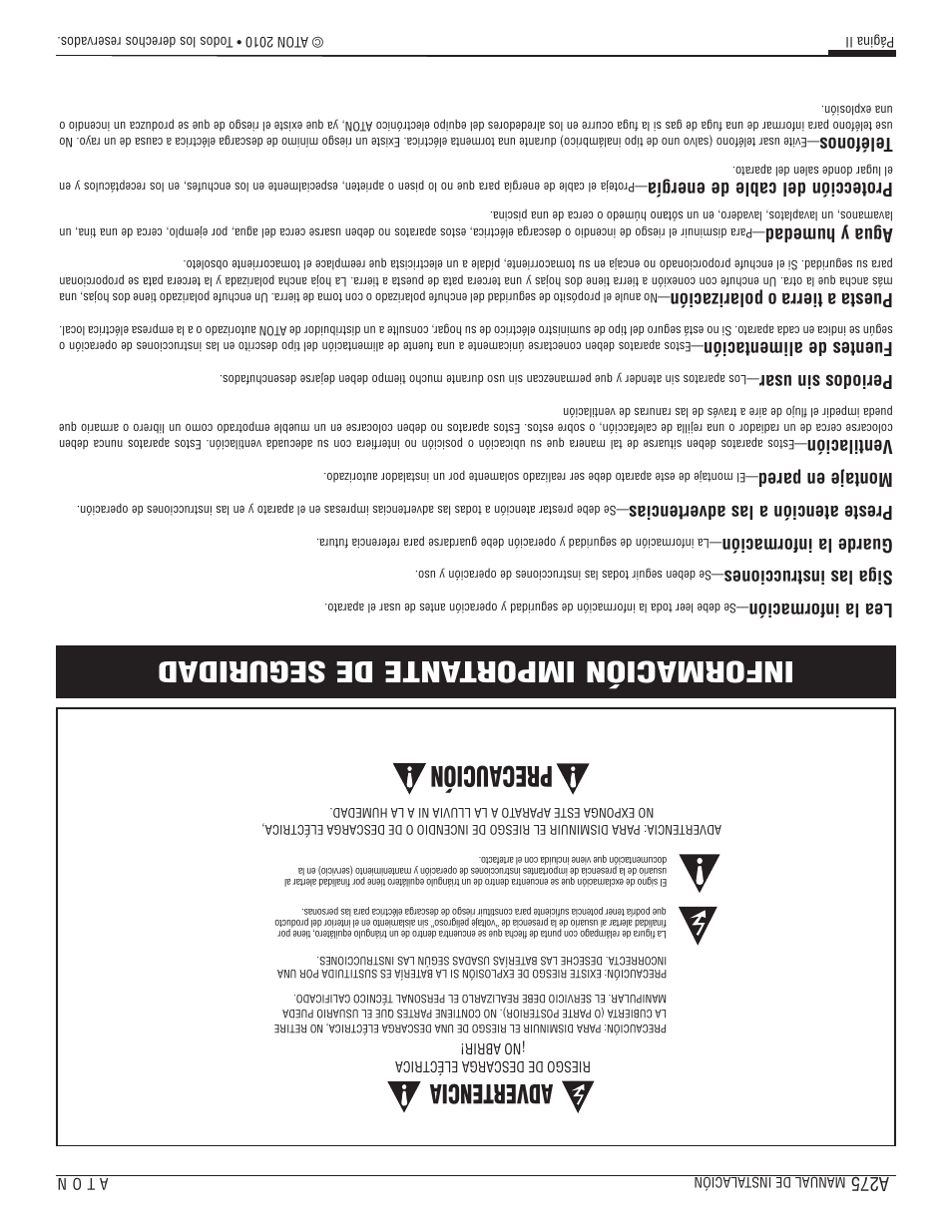 Información impor tante de seguridad, Precaución, Advertencia | A275, Lea la información, Siga las instrucciones, Guarde la información, Preste atención a las advertencias, Montaje en pared, Ventilación | ATON A275 User Manual | Page 52 / 54