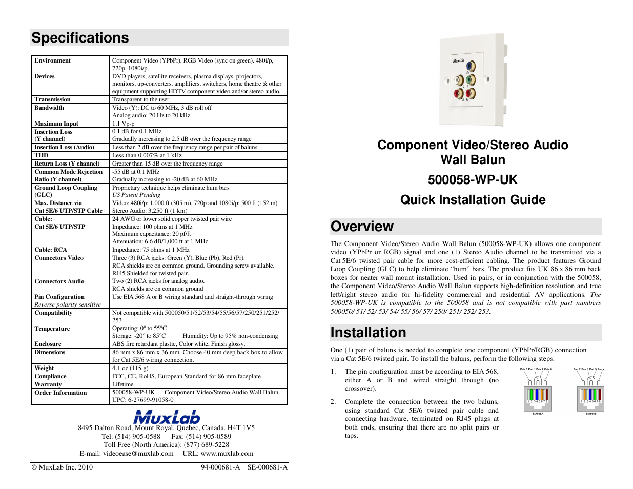 Muxlab Component Video/Stereo Audio Wall Balun, UK User Manual | 2 pages