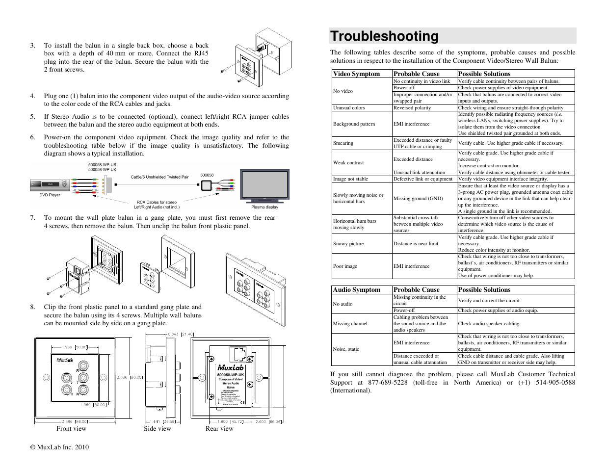 Troubleshooting | Muxlab Component Video/Stereo Audio Wall Balun, UK User Manual | Page 2 / 2