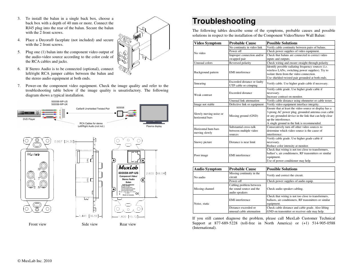 Troubleshooting | Muxlab Component Video/Stereo Audio Wall Balun, US User Manual | Page 2 / 2