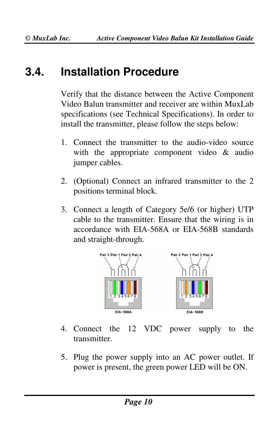 Installation procedure | Muxlab Active Component Video Balun Kit User Manual | Page 10 / 20