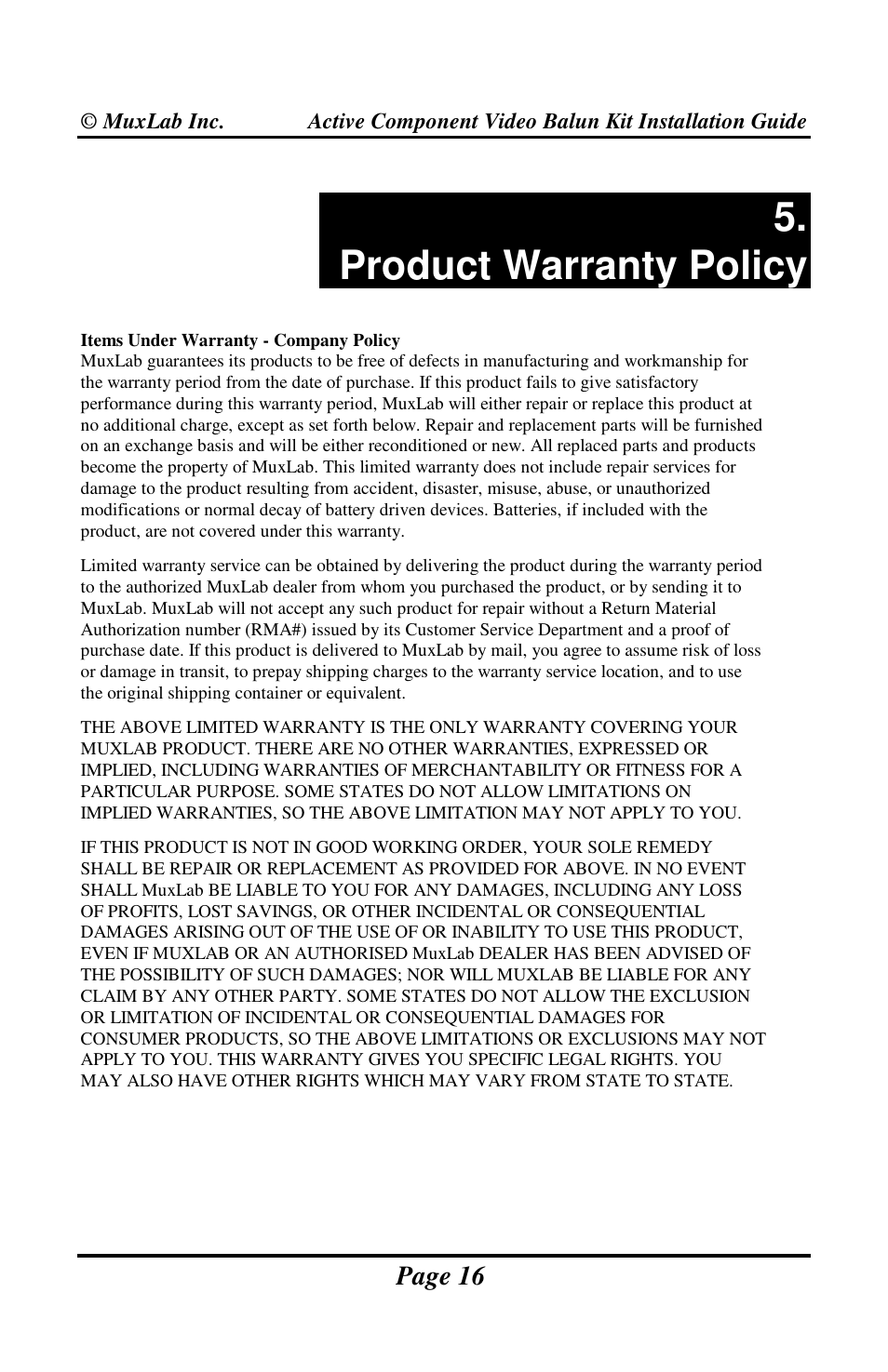 Product warranty policy | Muxlab Active Component Video Balun Kit User Manual | Page 16 / 20