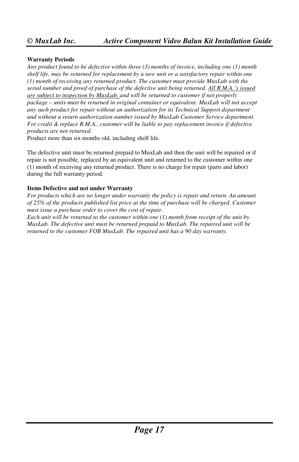 Page 17 | Muxlab Active Component Video Balun Kit User Manual | Page 17 / 20