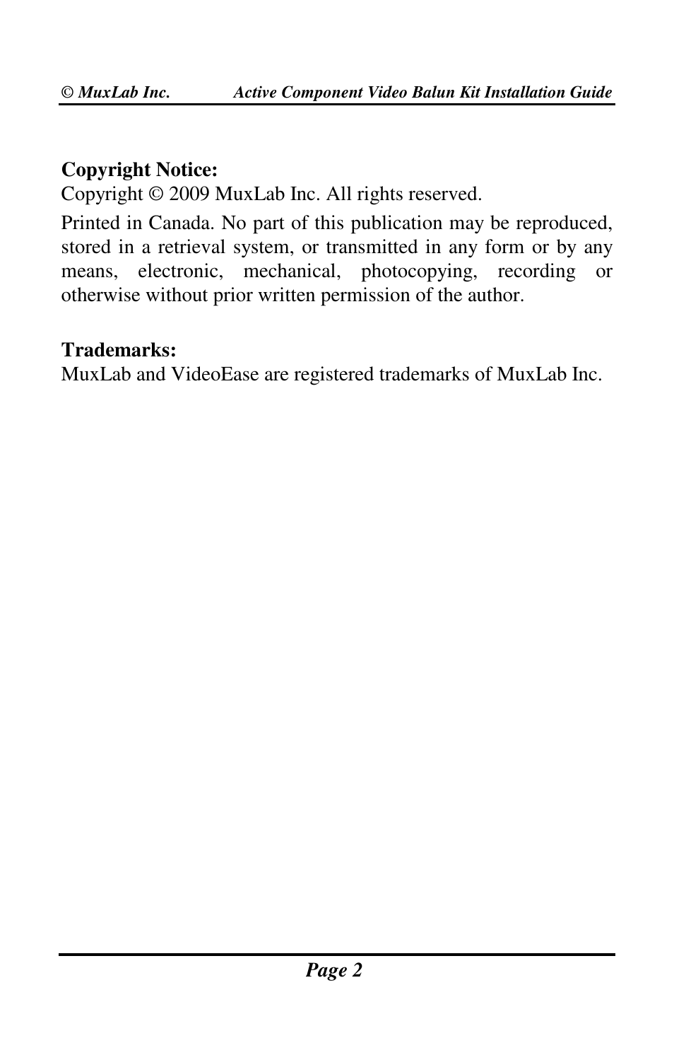 Muxlab Active Component Video Balun Kit User Manual | Page 2 / 20