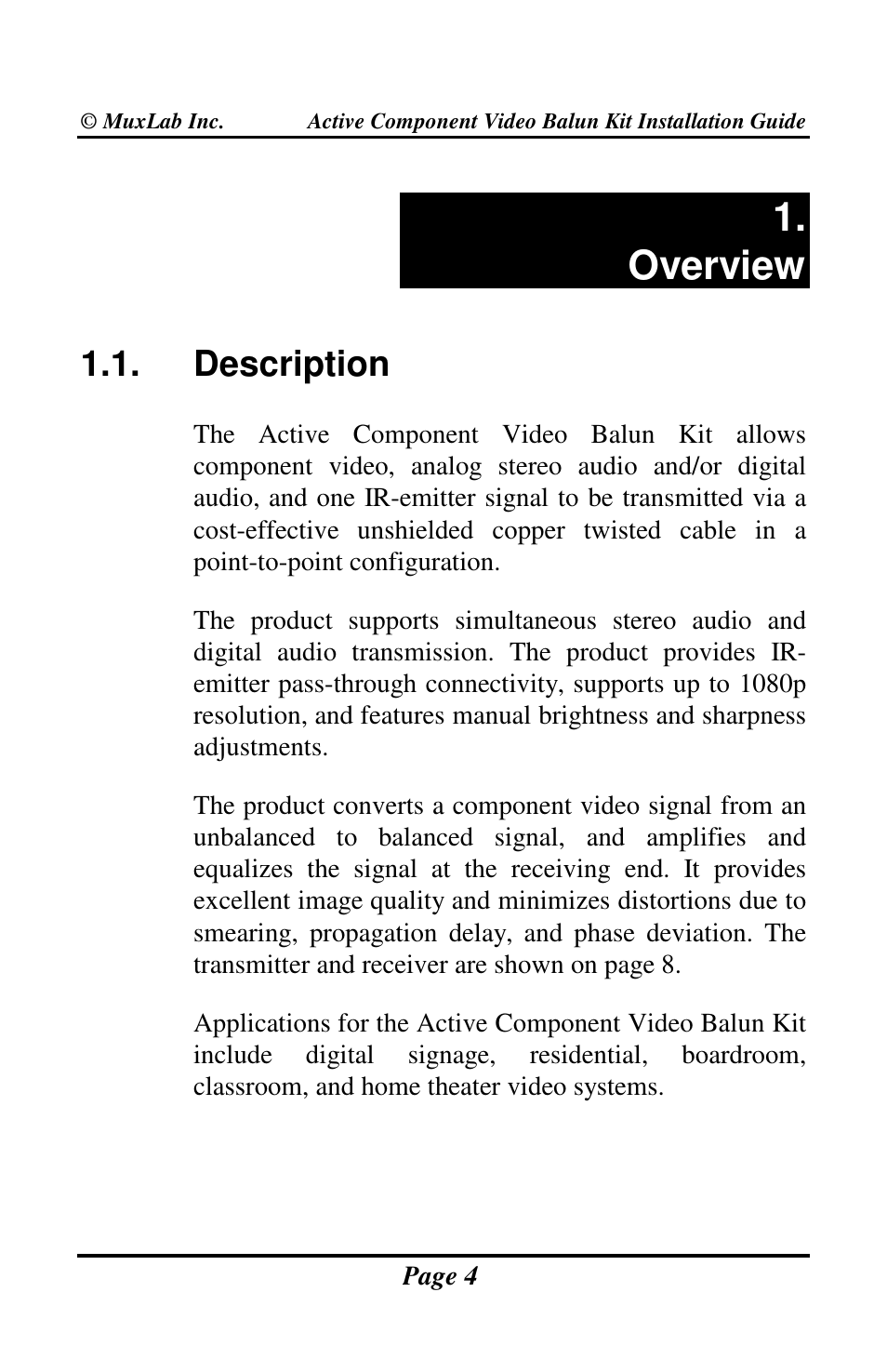 Overview, Description | Muxlab Active Component Video Balun Kit User Manual | Page 4 / 20
