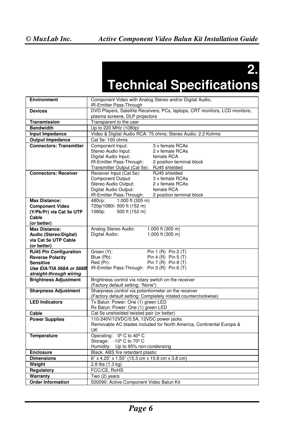 Technical specifications, Page 6 | Muxlab Active Component Video Balun Kit User Manual | Page 6 / 20