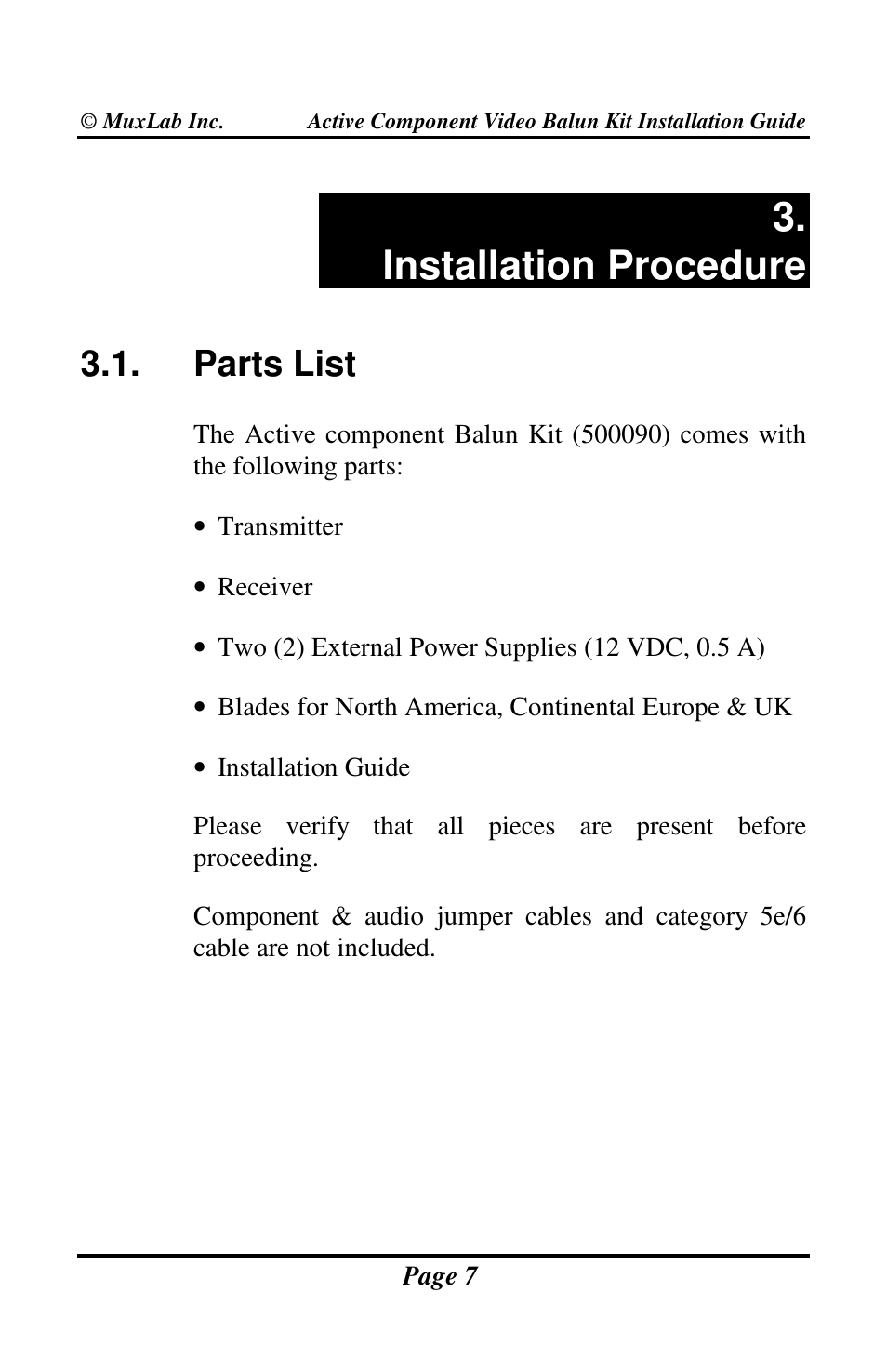 Installation procedure, Parts list | Muxlab Active Component Video Balun Kit User Manual | Page 7 / 20