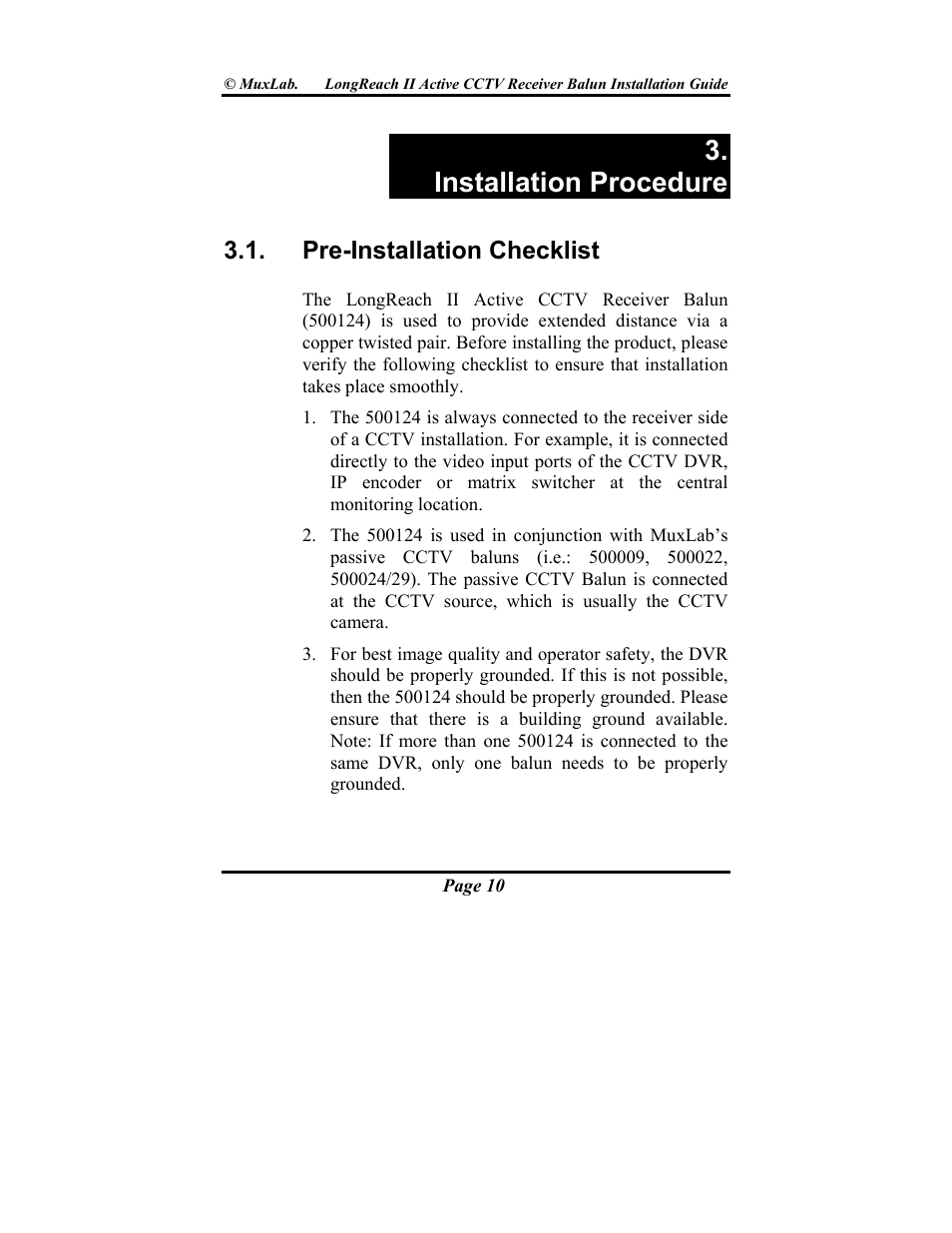 Installation procedure, Pre-installation checklist | Muxlab LongReach II Active CCTV Receiver Balun User Manual | Page 10 / 20