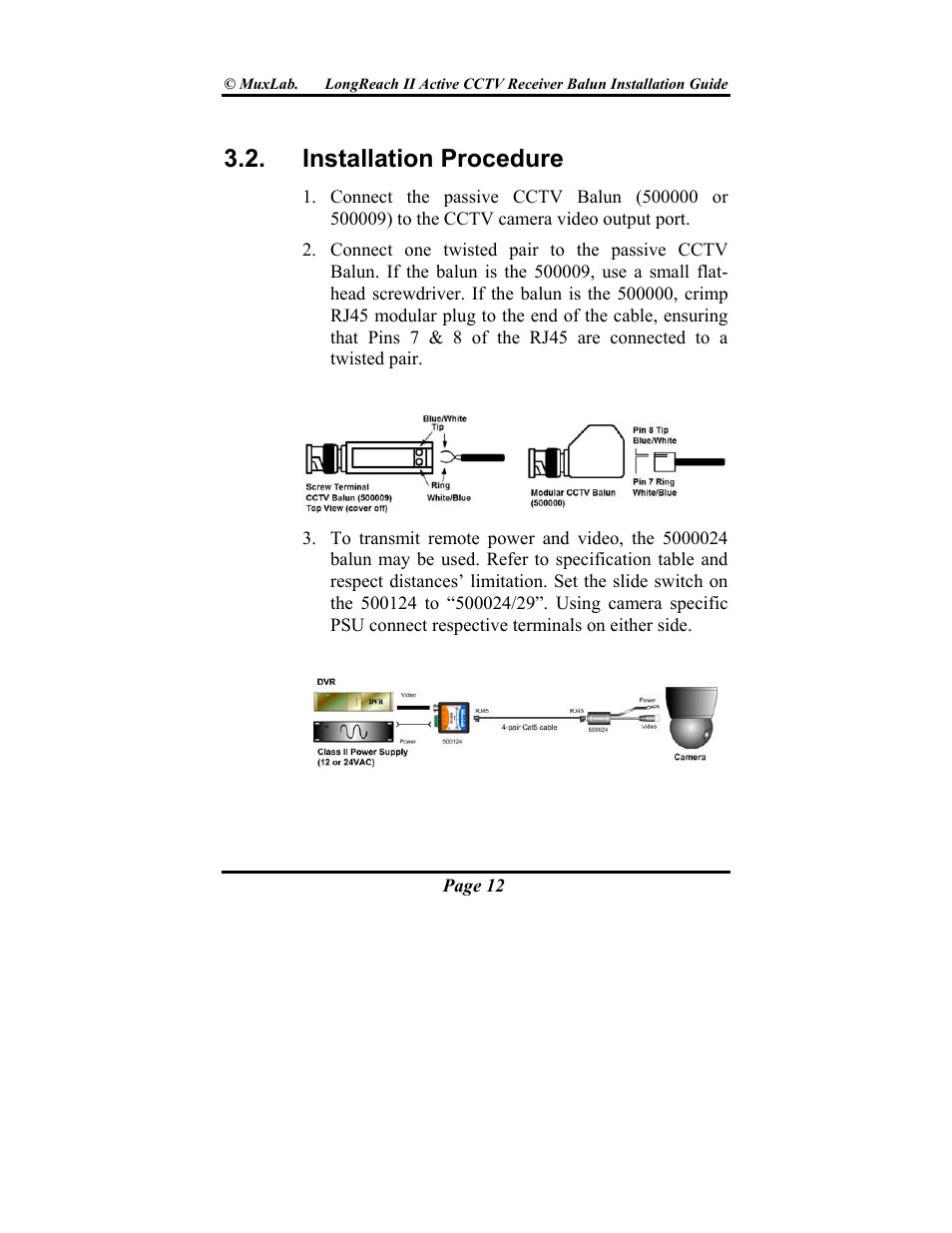 Installation procedure | Muxlab LongReach II Active CCTV Receiver Balun User Manual | Page 12 / 20