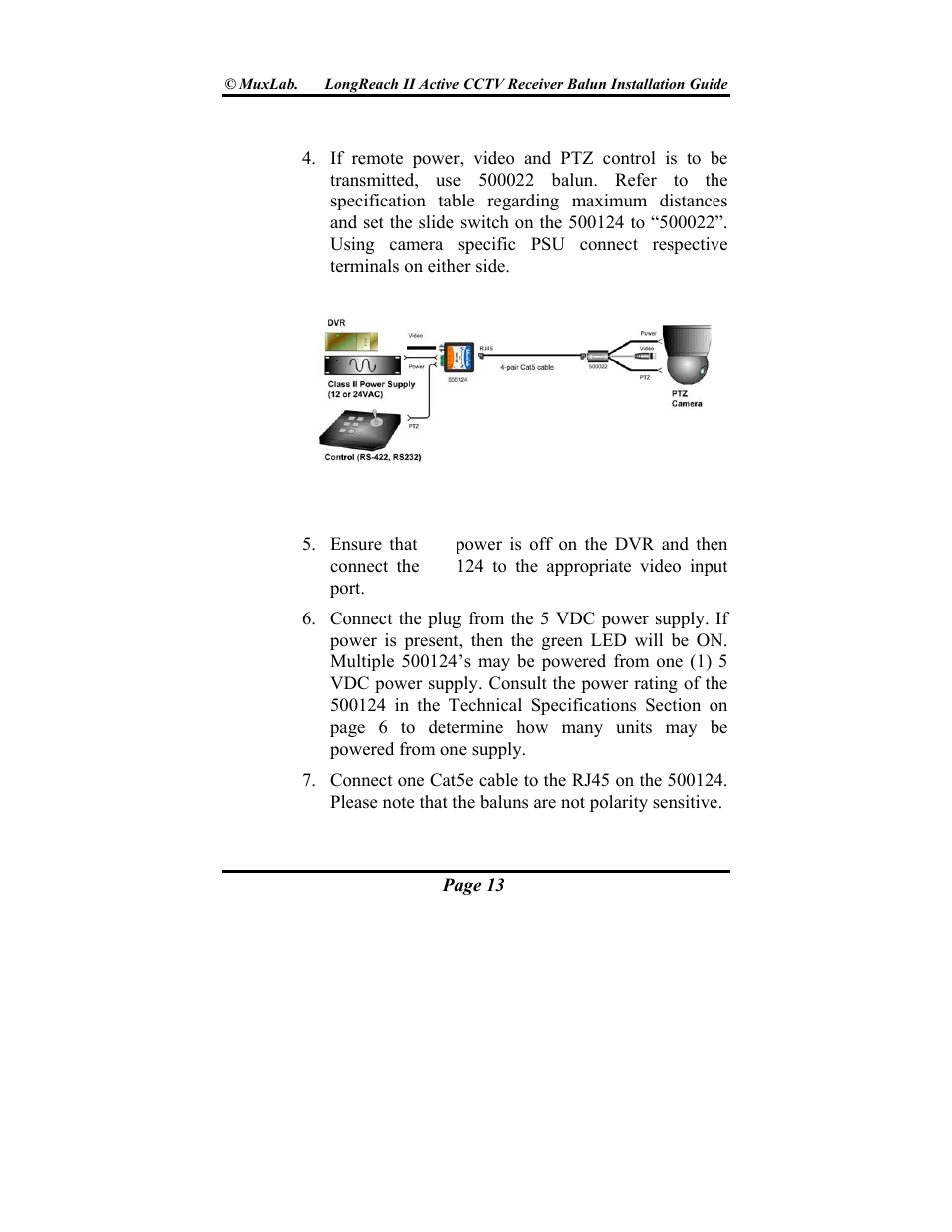 Muxlab LongReach II Active CCTV Receiver Balun User Manual | Page 13 / 20