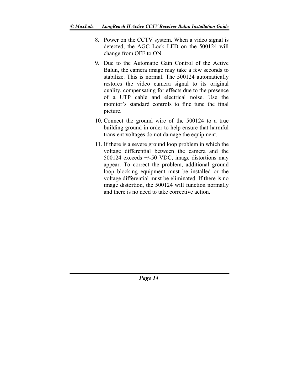 Muxlab LongReach II Active CCTV Receiver Balun User Manual | Page 14 / 20