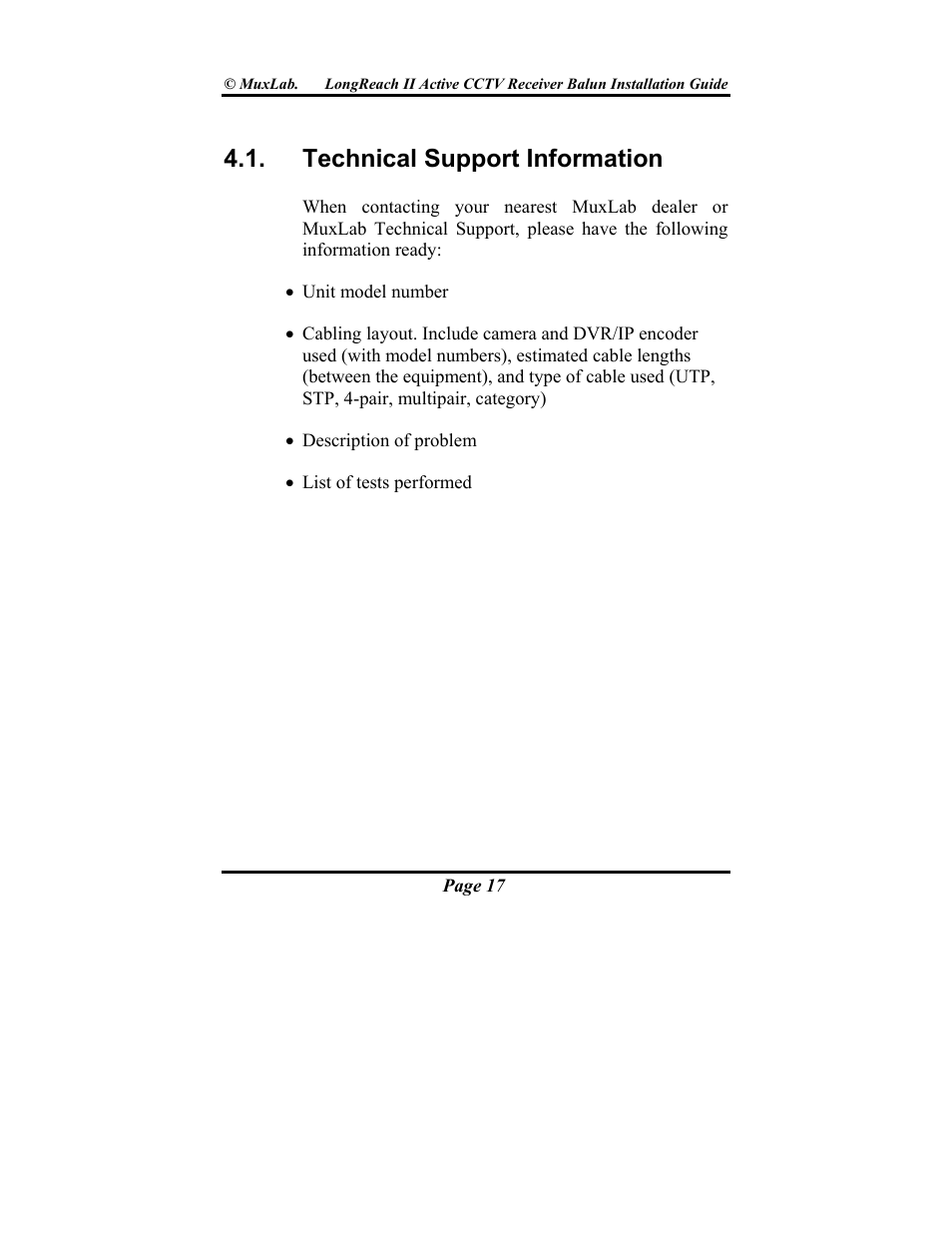 Technical support information | Muxlab LongReach II Active CCTV Receiver Balun User Manual | Page 17 / 20