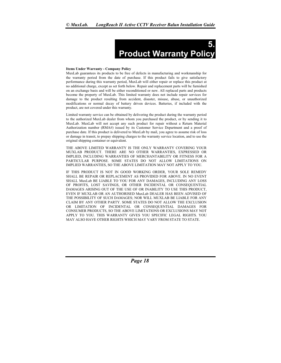 Product warranty policy | Muxlab LongReach II Active CCTV Receiver Balun User Manual | Page 18 / 20