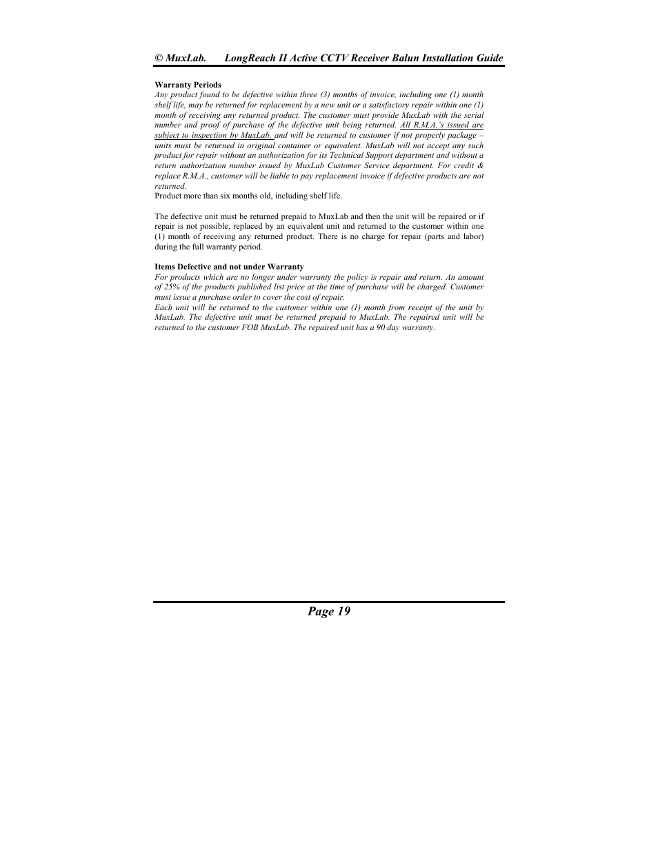 Page 19 | Muxlab LongReach II Active CCTV Receiver Balun User Manual | Page 19 / 20