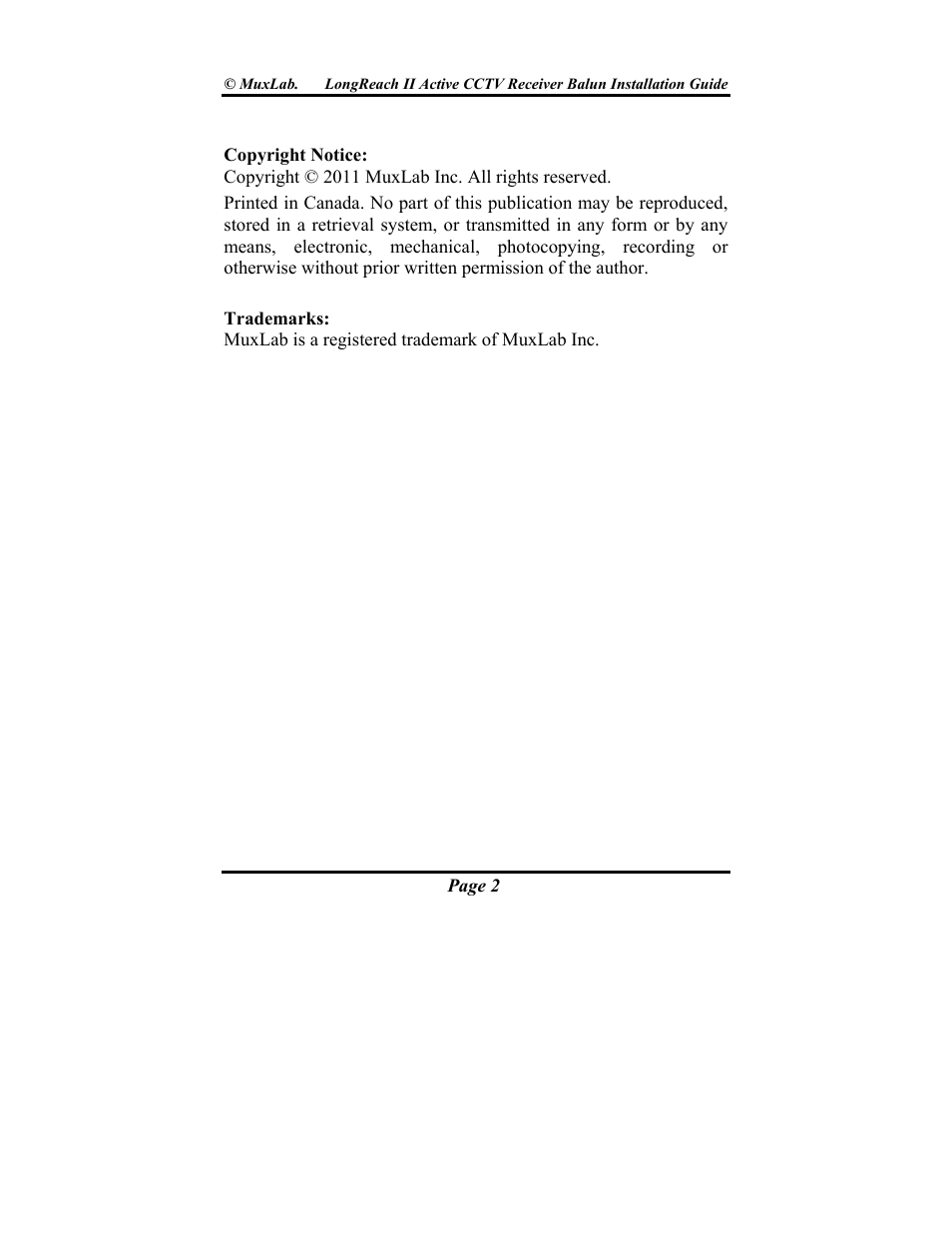 Muxlab LongReach II Active CCTV Receiver Balun User Manual | Page 2 / 20