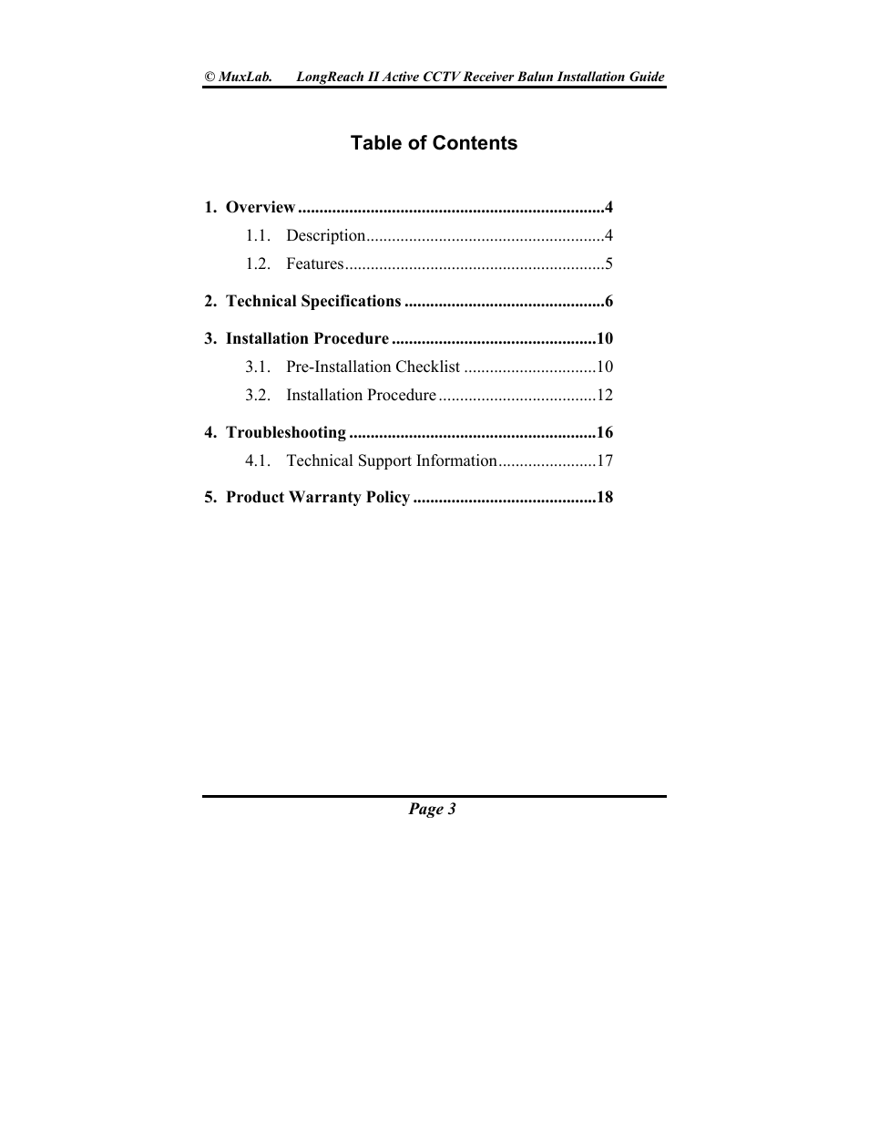 Muxlab LongReach II Active CCTV Receiver Balun User Manual | Page 3 / 20