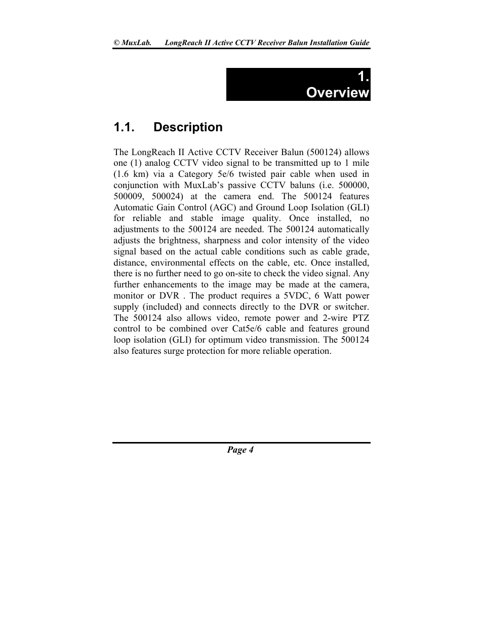 Overview | Muxlab LongReach II Active CCTV Receiver Balun User Manual | Page 4 / 20
