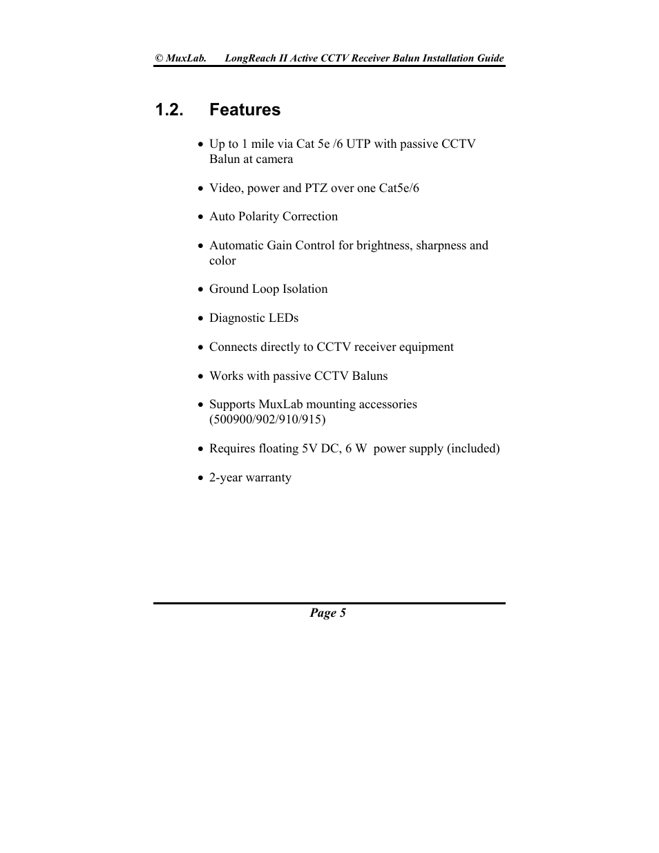 Features | Muxlab LongReach II Active CCTV Receiver Balun User Manual | Page 5 / 20