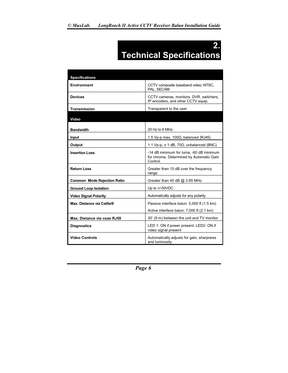 Technical specifications, Page 6 | Muxlab LongReach II Active CCTV Receiver Balun User Manual | Page 6 / 20