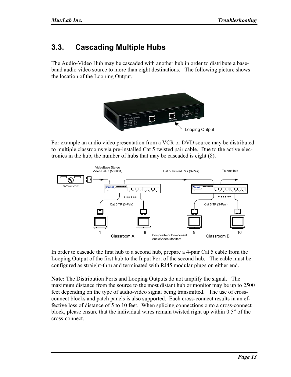 Cascading multiple hubs, Muxlab inc. troubleshooting page 13 | Muxlab Audio-Video Distribution Hub User Manual | Page 13 / 19