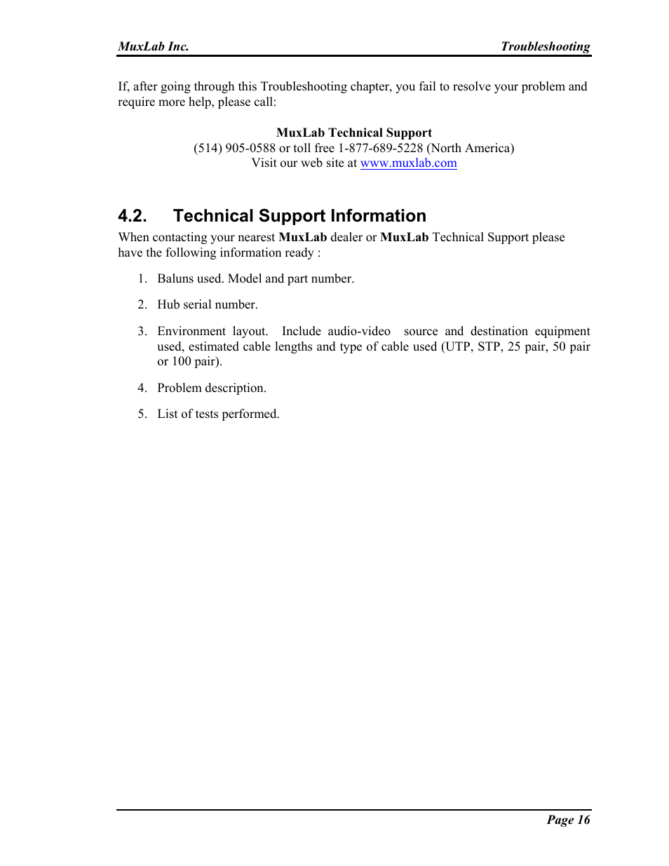 Manufacturer’s limited warranty, Technical support information | Muxlab Audio-Video Distribution Hub User Manual | Page 16 / 19