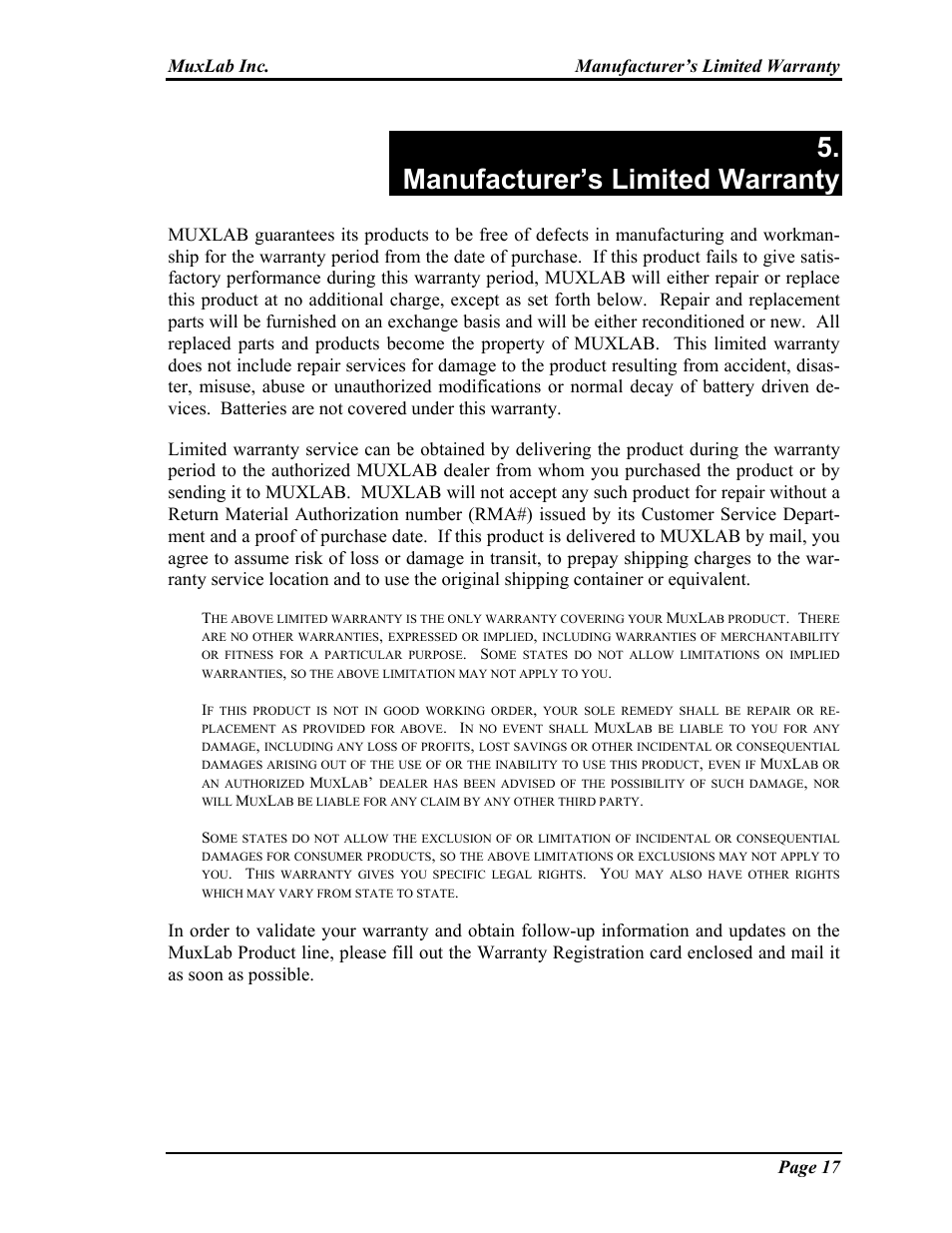 Notes, Manufacturer’s limited warranty | Muxlab Audio-Video Distribution Hub User Manual | Page 17 / 19