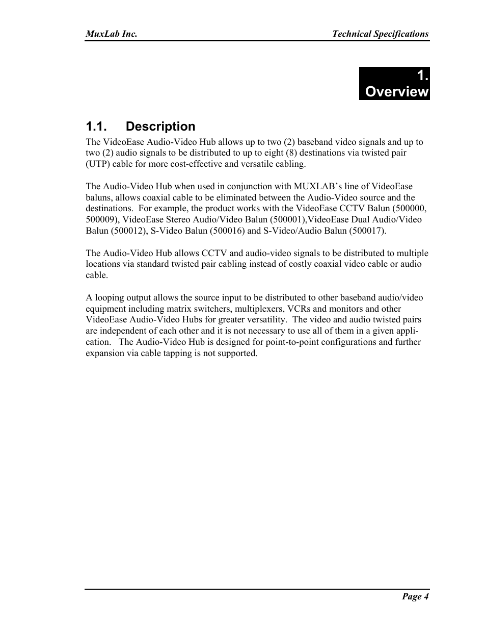 Overview, Description | Muxlab Audio-Video Distribution Hub User Manual | Page 4 / 19