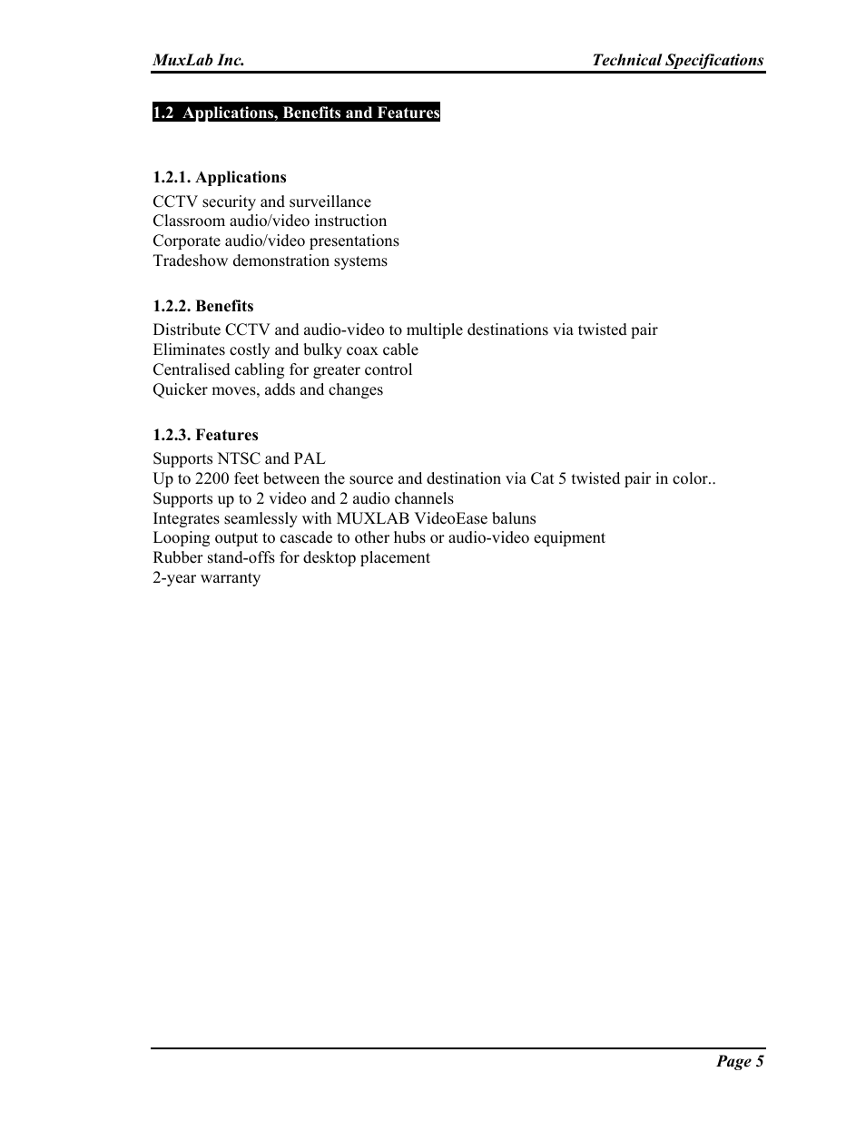 Applications, Benefits, Features | Applications 1.2.2. benefits 1.2.3. features | Muxlab Audio-Video Distribution Hub User Manual | Page 5 / 19