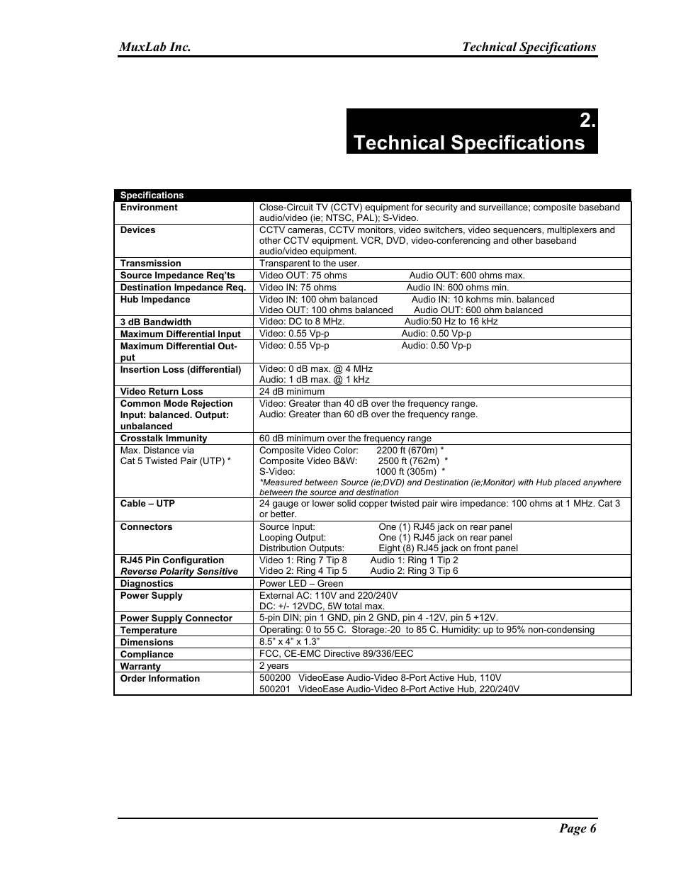 Technical specifications, Video return loss, Muxlab inc. technical specifications page 6 | Muxlab Audio-Video Distribution Hub User Manual | Page 6 / 19