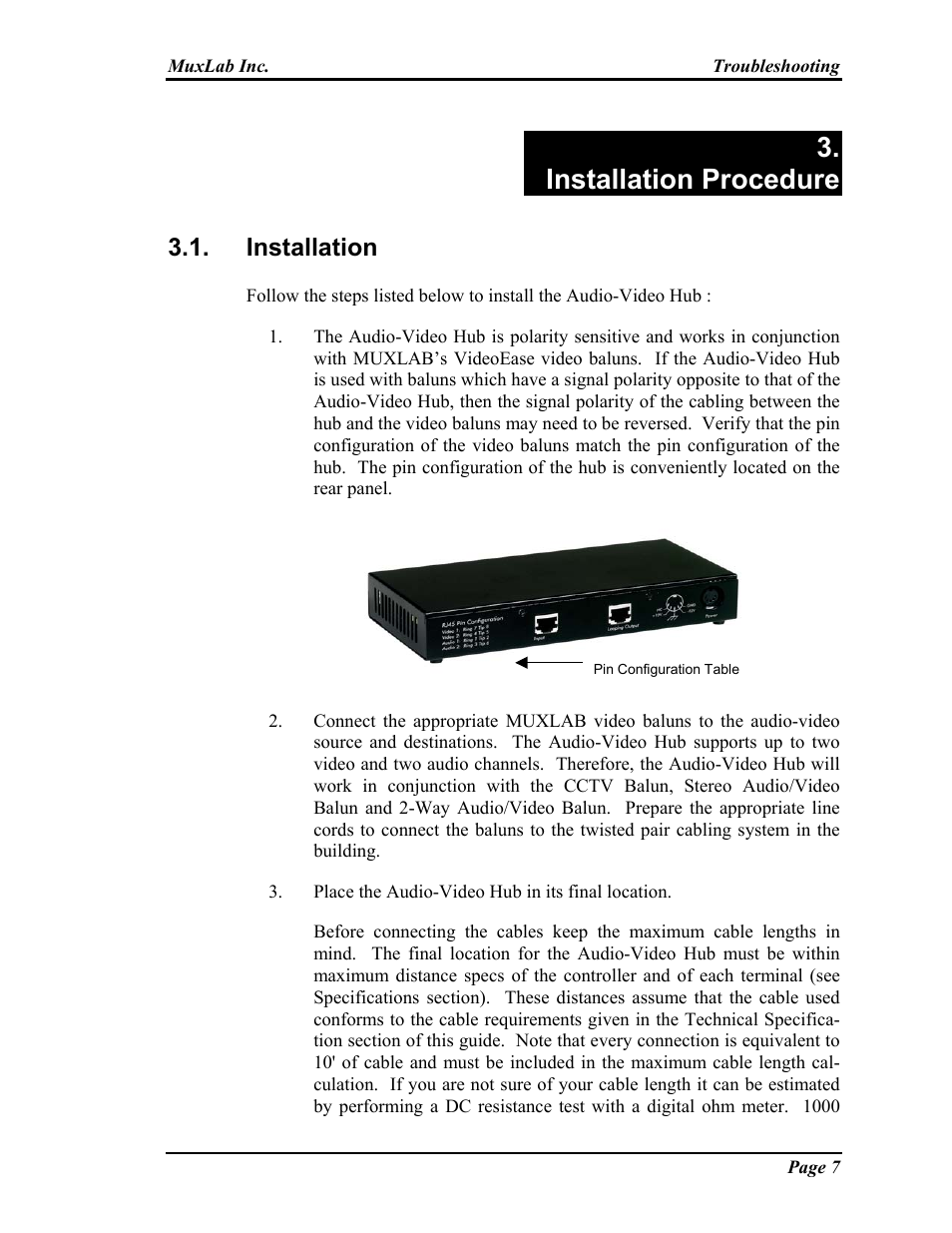 Installation procedure, Installation | Muxlab Audio-Video Distribution Hub User Manual | Page 7 / 19