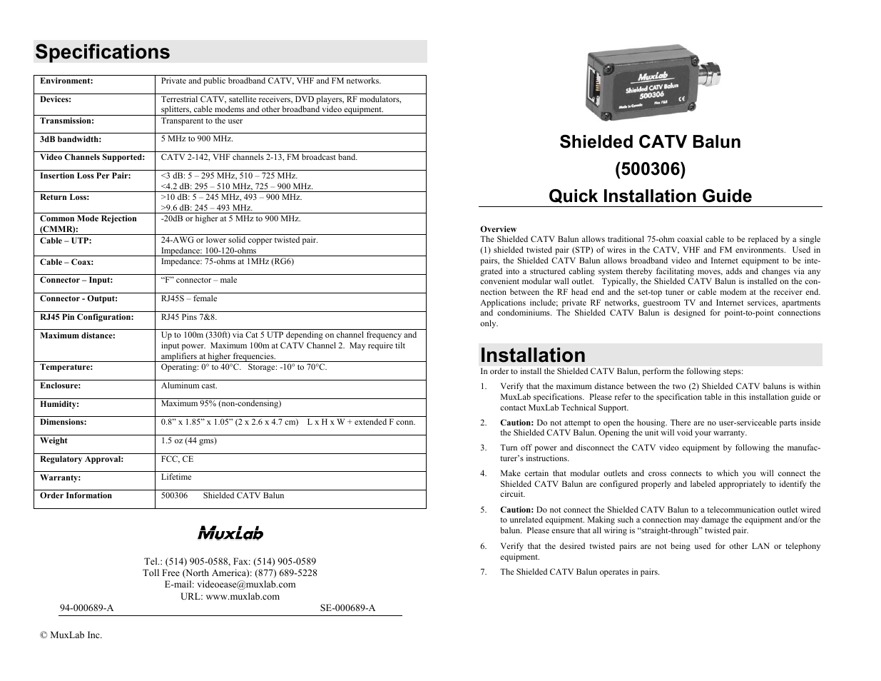 Muxlab Shielded CATV Balun User Manual | 2 pages