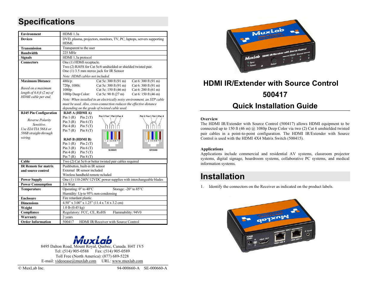 Muxlab HDMI IR Receiver with Source Control User Manual | 2 pages