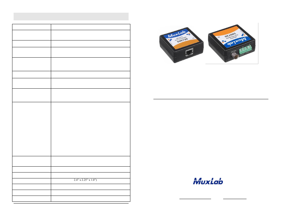 Muxlab HD CCTV Pass-Thru Balun User Manual | 2 pages