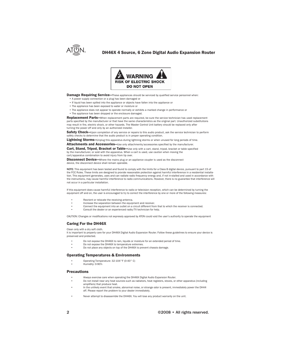 Caring for the dh46x, Operating temperatures & environments, Precautions | ATON DH46X User Manual | Page 4 / 23