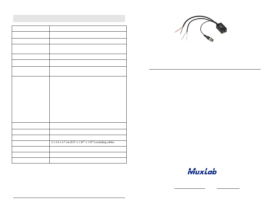 Muxlab HD CCTV Pass-Thru Balun with Cable Leads User Manual | 2 pages