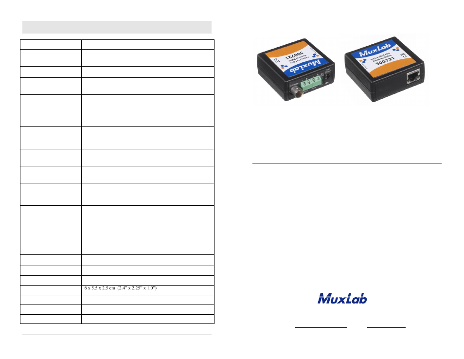Muxlab Active HD CCTV Receiver Balun User Manual | 2 pages