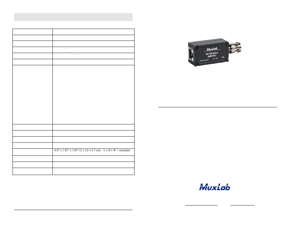 Muxlab HD-SDI Balun User Manual | 2 pages