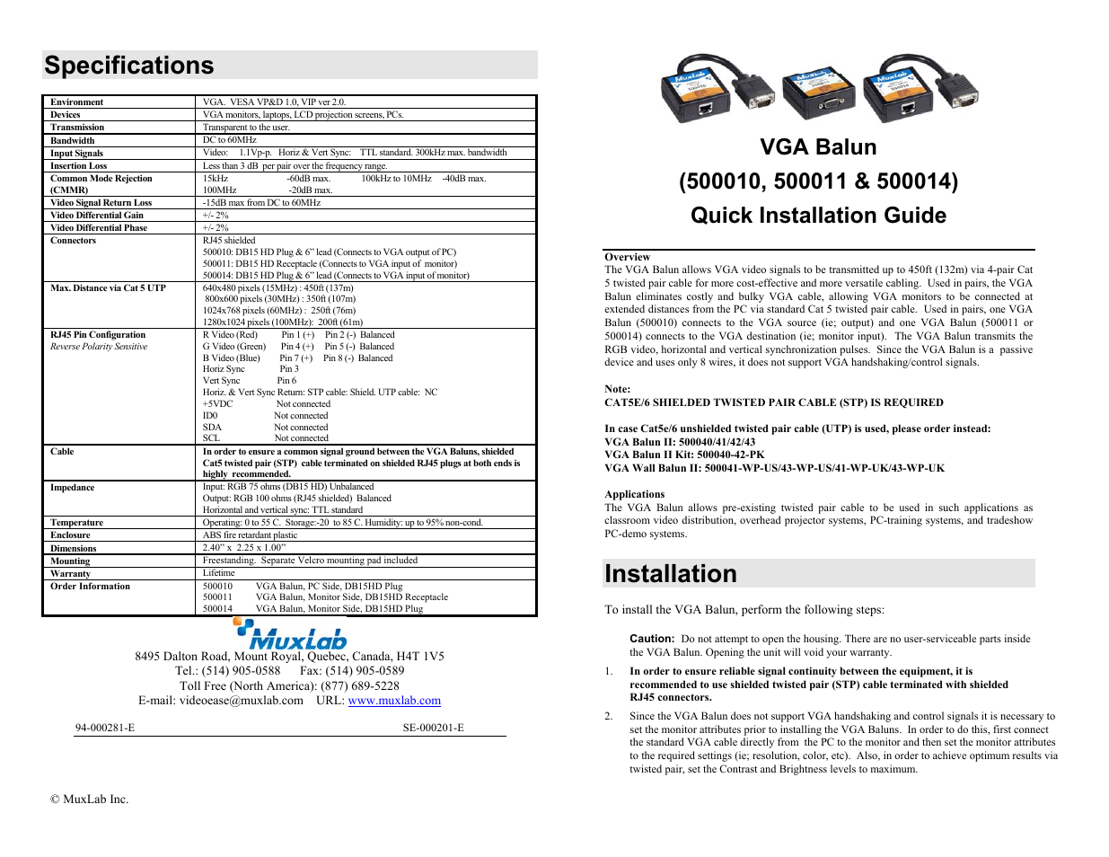 Muxlab VGA Balun Kit User Manual | 2 pages