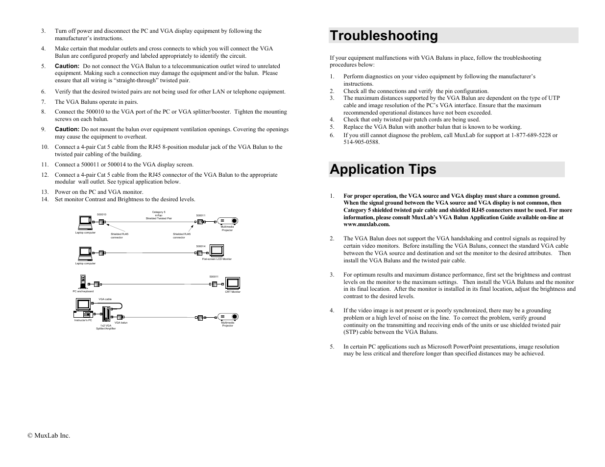 Troubleshooting, Application tips | Muxlab VGA Balun Kit User Manual | Page 2 / 2
