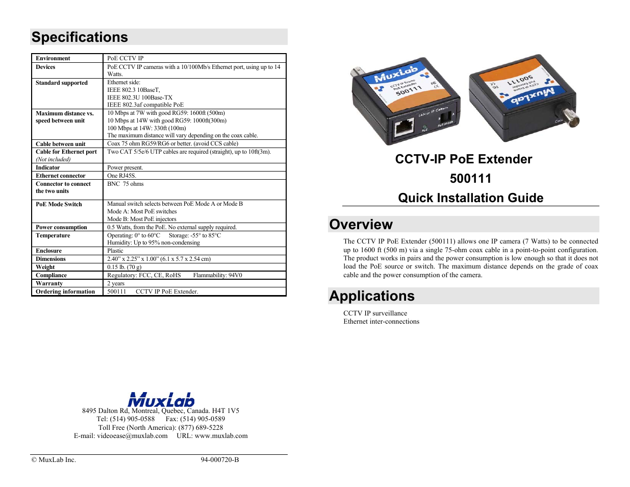 Muxlab CCTV IP PoE Extender 2-Pack User Manual | 2 pages