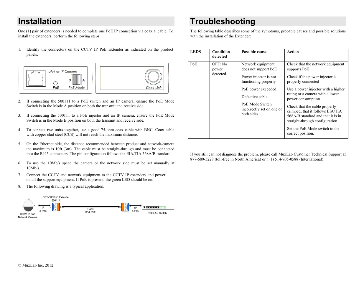Installation, Troubleshooting | Muxlab CCTV IP PoE Extender 2-Pack User Manual | Page 2 / 2